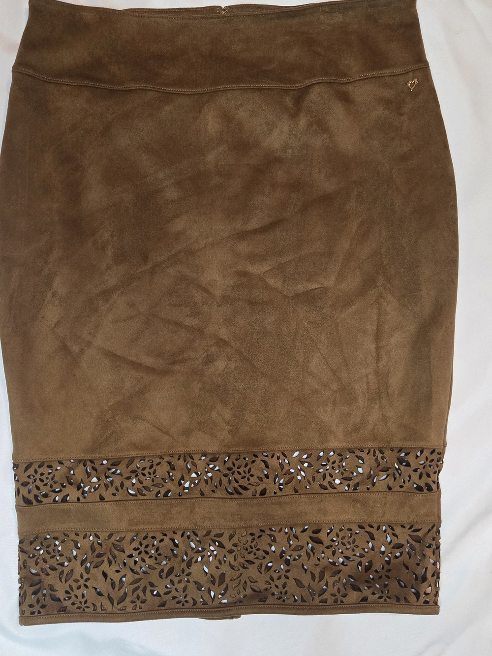 Thalia Sodi Brown Suede-Look Pencil Skirt with Laser-Cut Hem Bands